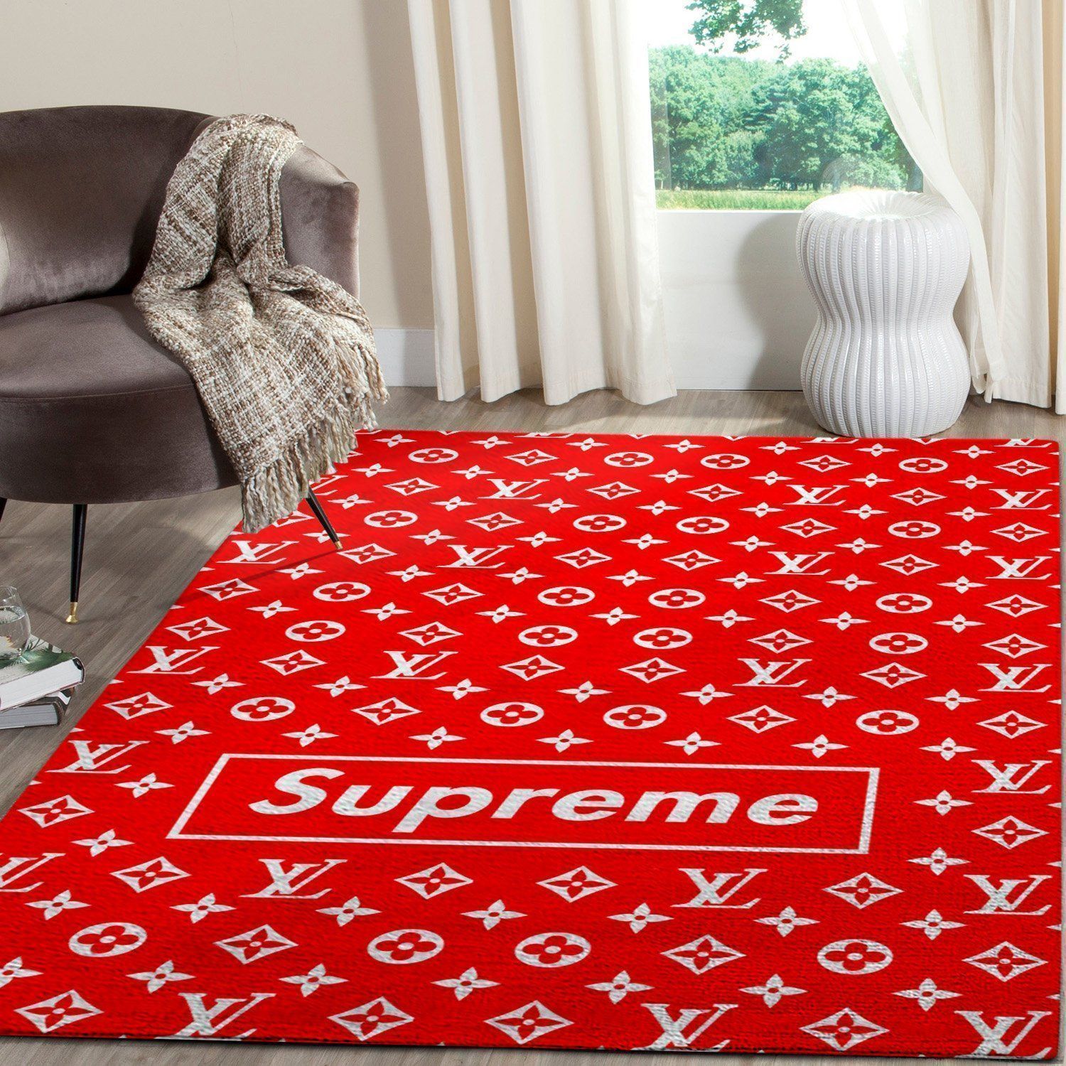 Louis Vuitton Supreme Area Red Luxury Fashion Brand Rug Home Decor Door Mat Area Carpet