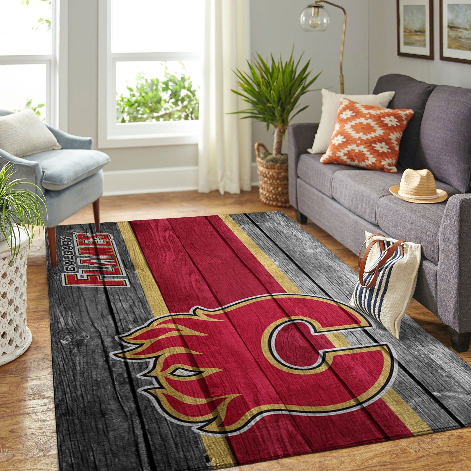 Calgary Flames Nhl Team Logo Wooden Type 7238 Rug Area Carpet Home Decor Living Room