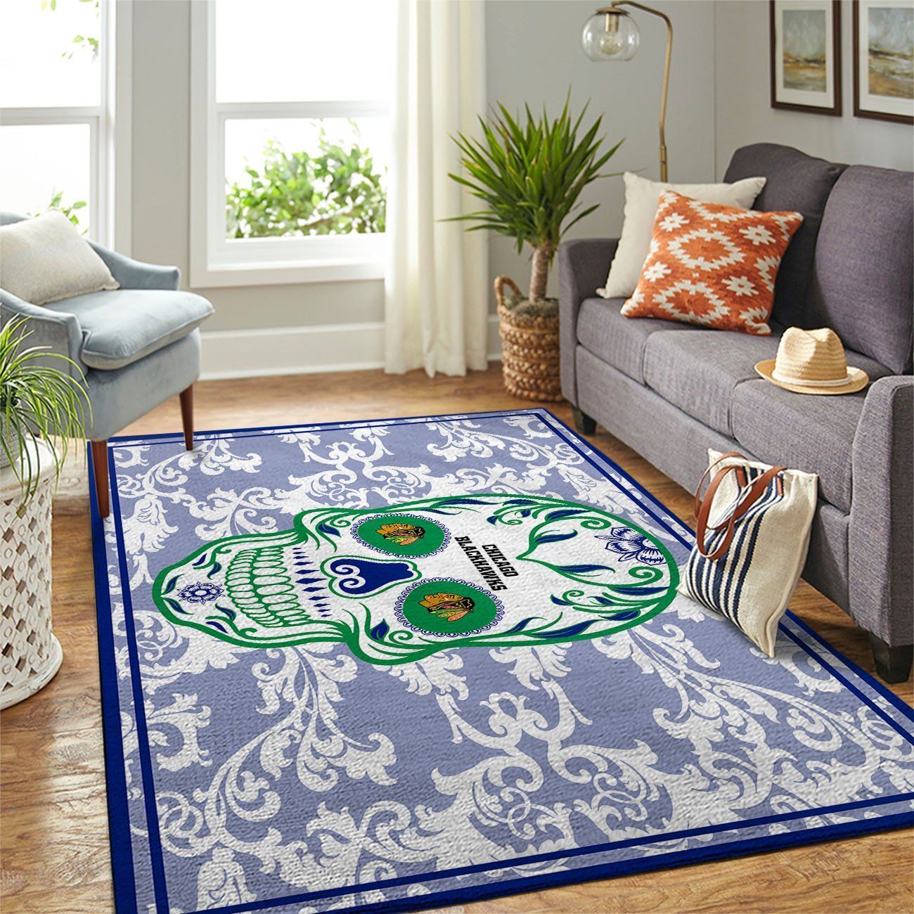 Chicago Blackhawks Nhl Team Logo Skull Flower Type 7631 Rug Living Room Area Carpet Home Decor