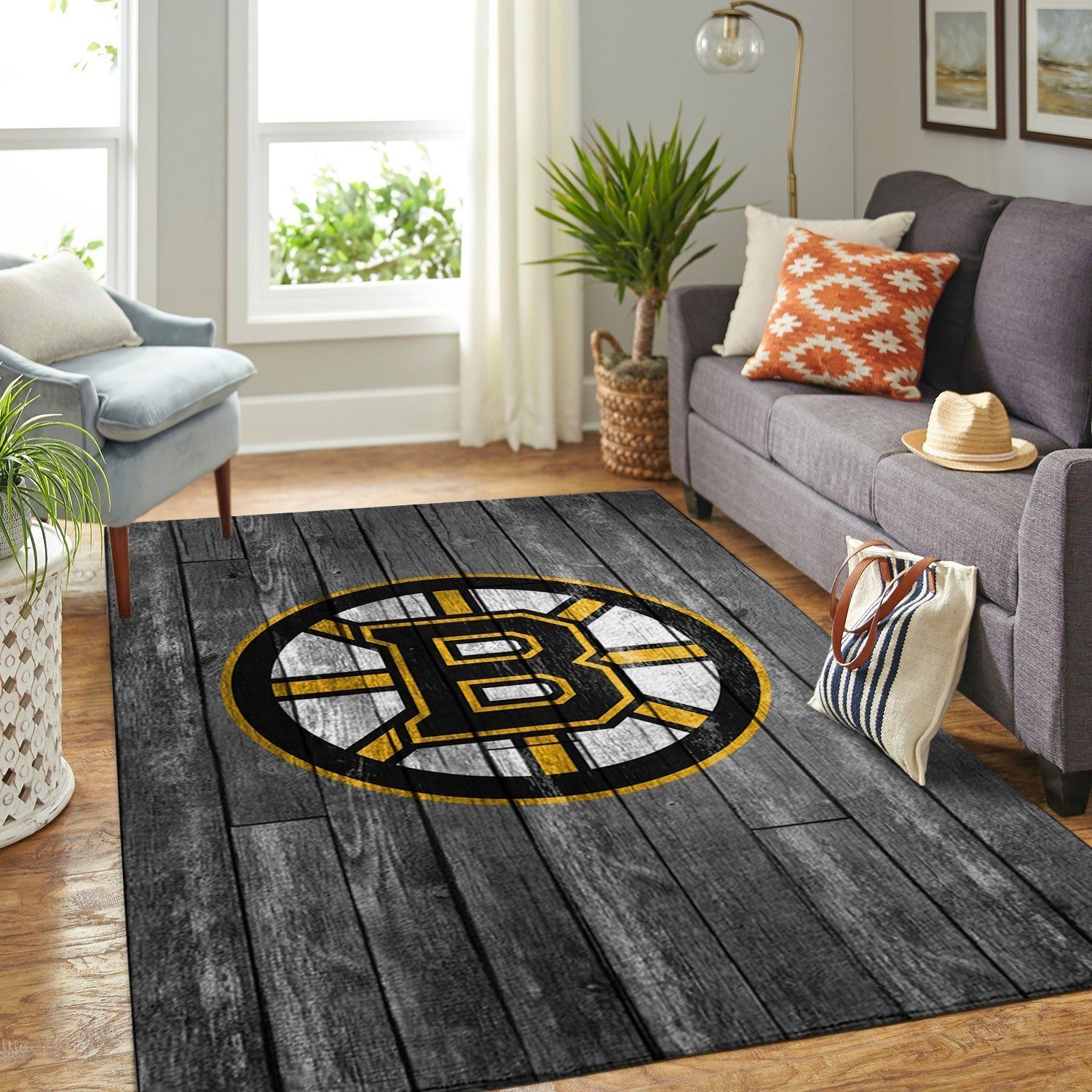 Boston Bruins Nhl Team Logo Grey Wooden Type 7632 Rug Area Carpet Home Decor Living Room