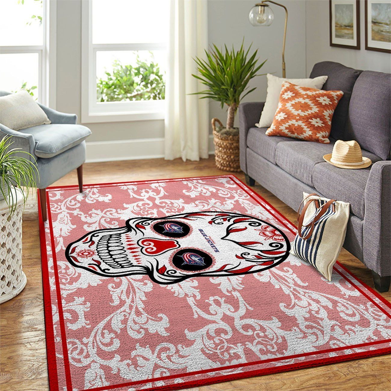 Columbus Blue Jackets Nhl Team Logo Skull Flower Type 7633 Rug Living Room Area Carpet Home Decor