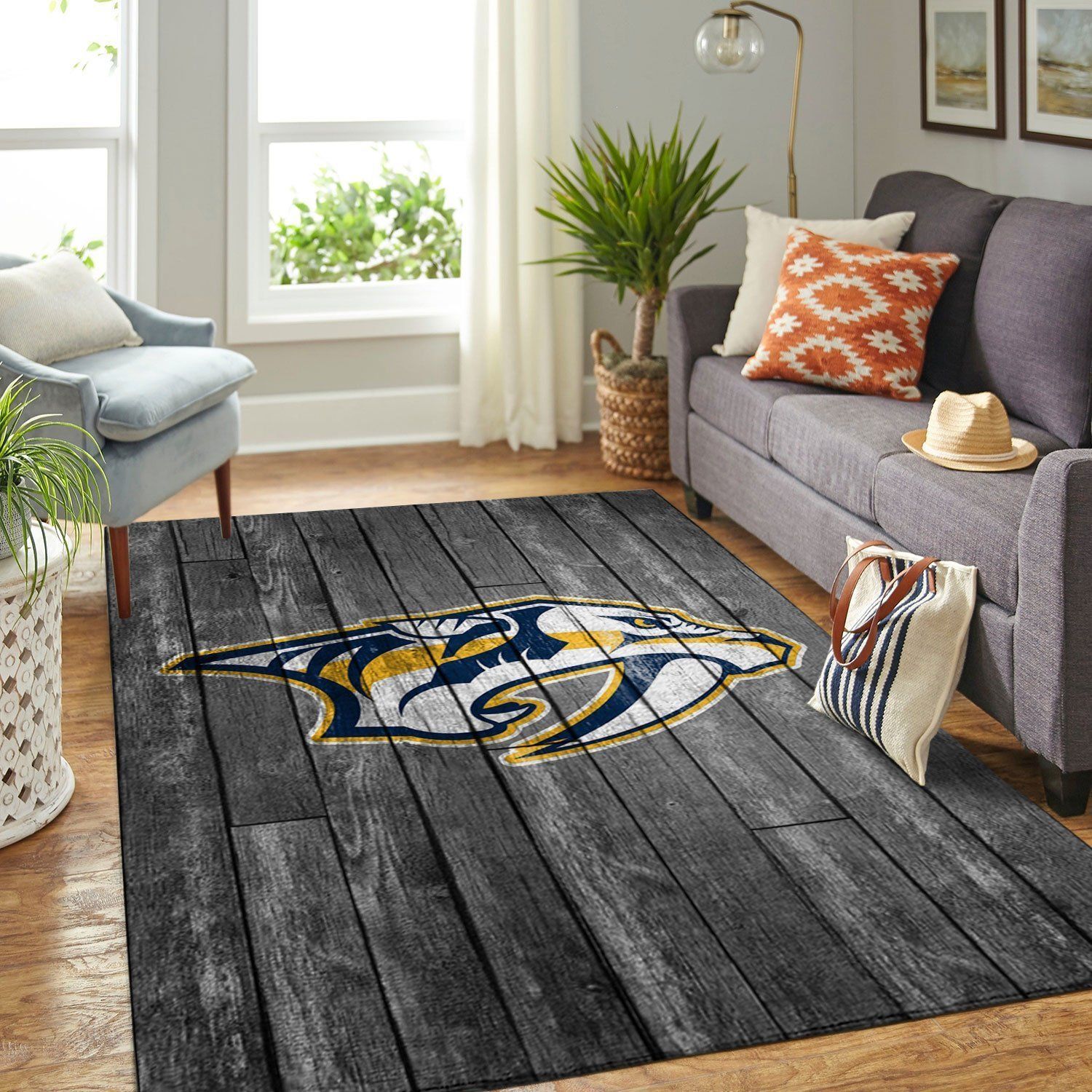 Nashville Predators Nhl Team Logo Grey Wooden Type 7638 Rug Home Decor Living Room Area Carpet