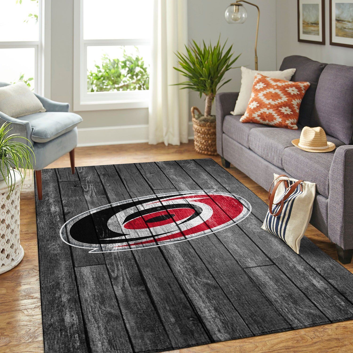 Carolina Hurricanes Nhl Team Logo Grey Wooden Type 7640 Rug Living Room Area Carpet Home Decor