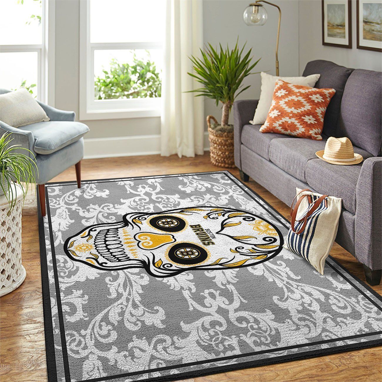 Boston Bruins Nhl Team Logo Skull Flower Type 7645 Rug Area Carpet Home Decor Living Room