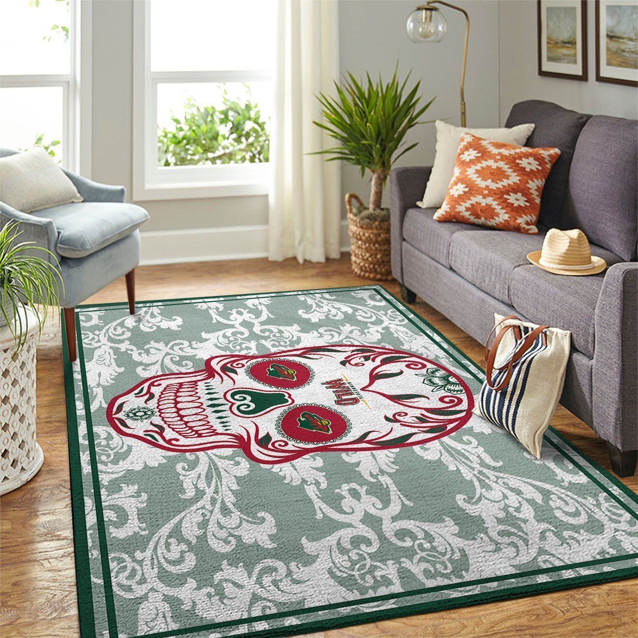 Minnesota Wild Nhl Team Logo Skull Flower Type 7647 Rug Living Room Home Decor Area Carpet