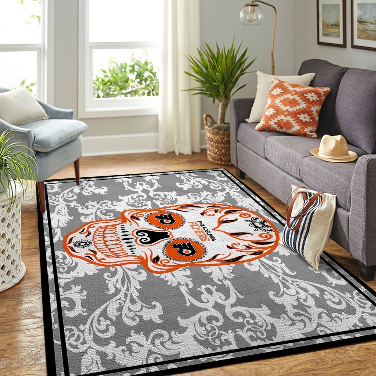 Philadelphia Flyers Nhl Team Logo Skull Flower Type 7648 Rug Home Decor Living Room Area Carpet