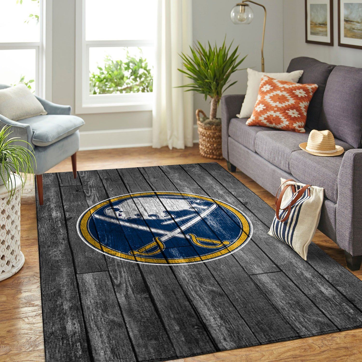 Buffalo Sabres Nhl Team Logo Grey Wooden Type 7664 Rug Living Room Home Decor Area Carpet