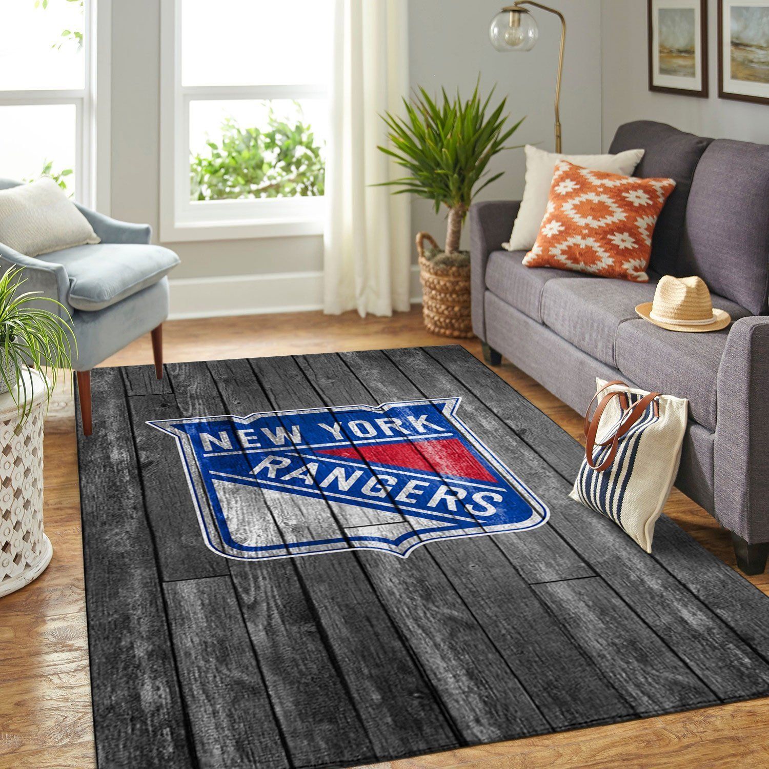 New York Rangers Nhl Team Logo Grey Wooden Type 7718 Rug Home Decor Area Carpet Living Room