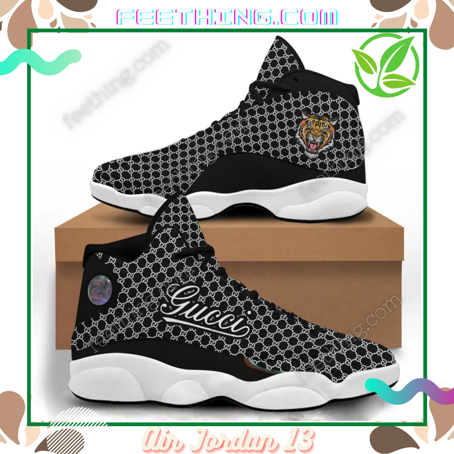 Gucci  Tiger Black White Logo Air Jordan 13 Trending Luxury Shoes Fashion Sneakers