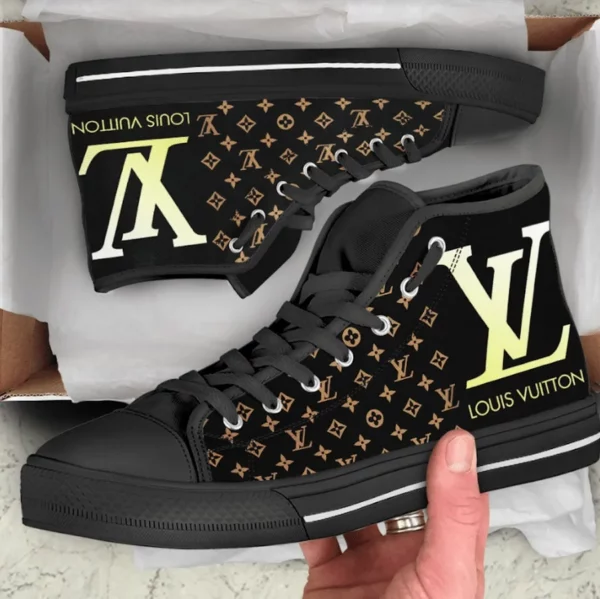 Louis Vuitton Yellow Logo Black High Top Canvas Shoes Luxury Brand Gifts For Men Women