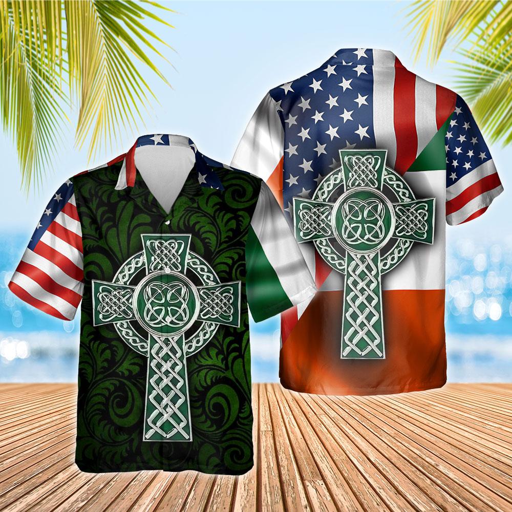 American Irish Flag With Celtic Cross Hawaiian Shirt