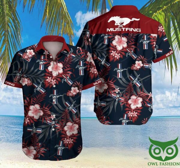 Ford Mustang Floral Dark Red And Dark Blue Hawaiian Shirt