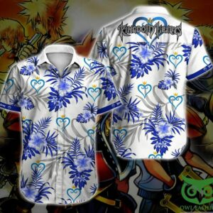 Kingdom Hearts Game Bright Blue Floral White Hawaiian Shirt