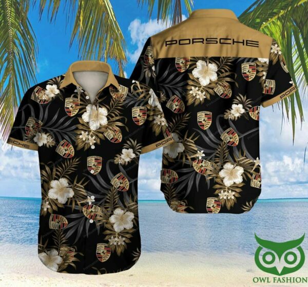 Porsche Car Gold Foral Black Hawaiian Shirt