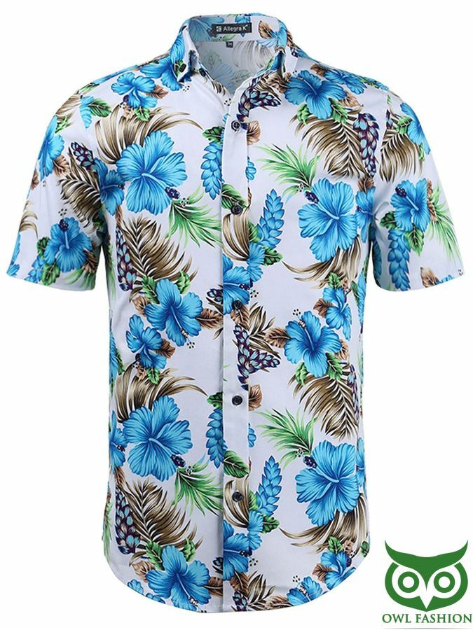 Blue Floral With Brown And Green Leaves White Hawaiian Shirt