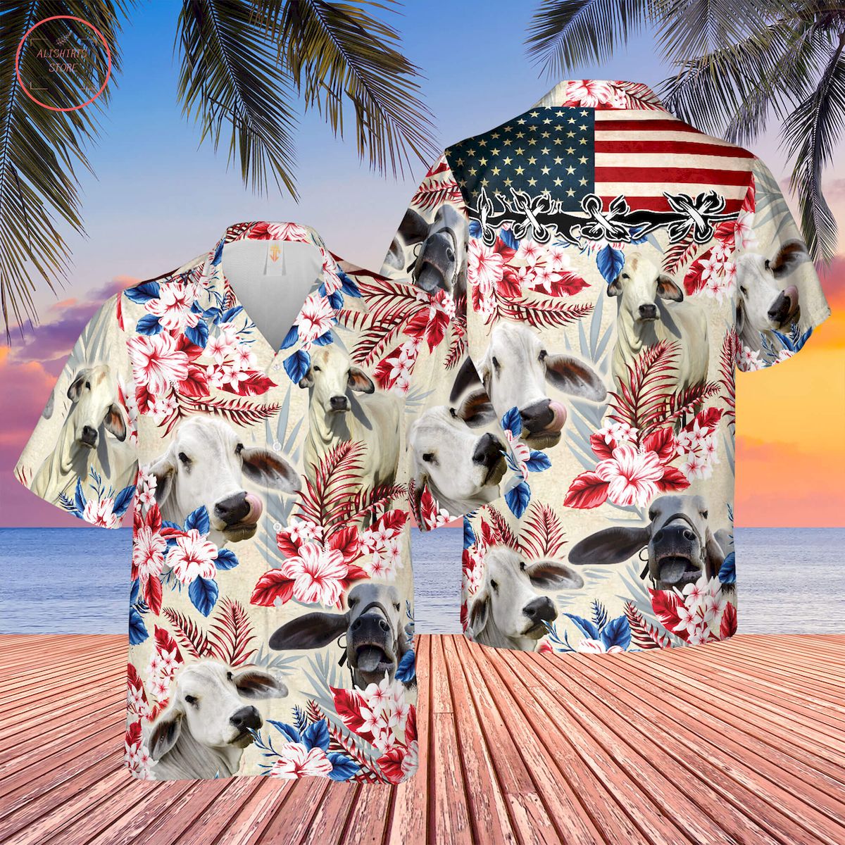 Brahman Cattle American Flag Hawaiian Shirt