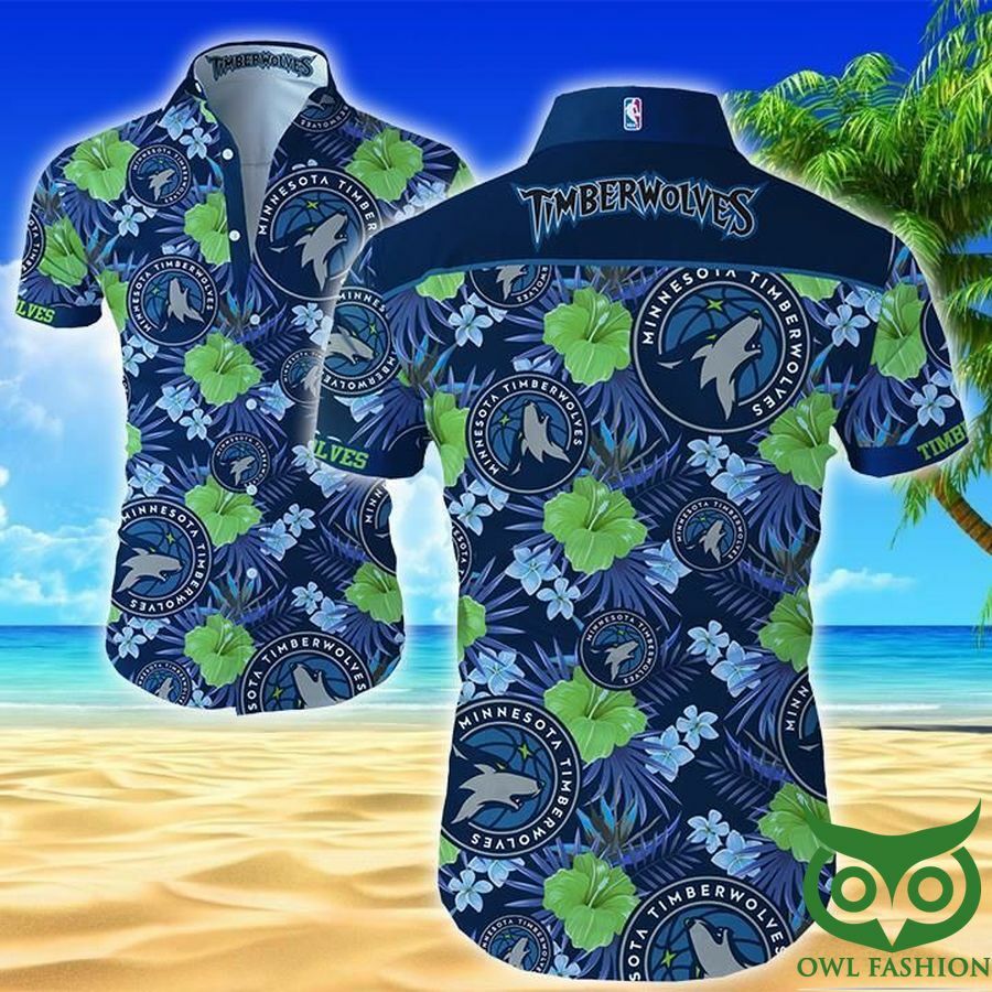 Minnesota Timberwolves Blue And Green Flowers Hawaiian Shirt