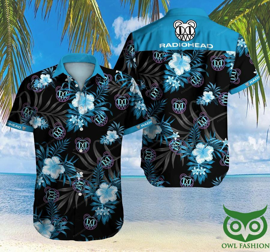 Radiohead Rock Band Blue Floral Black Hawaiian Shirt