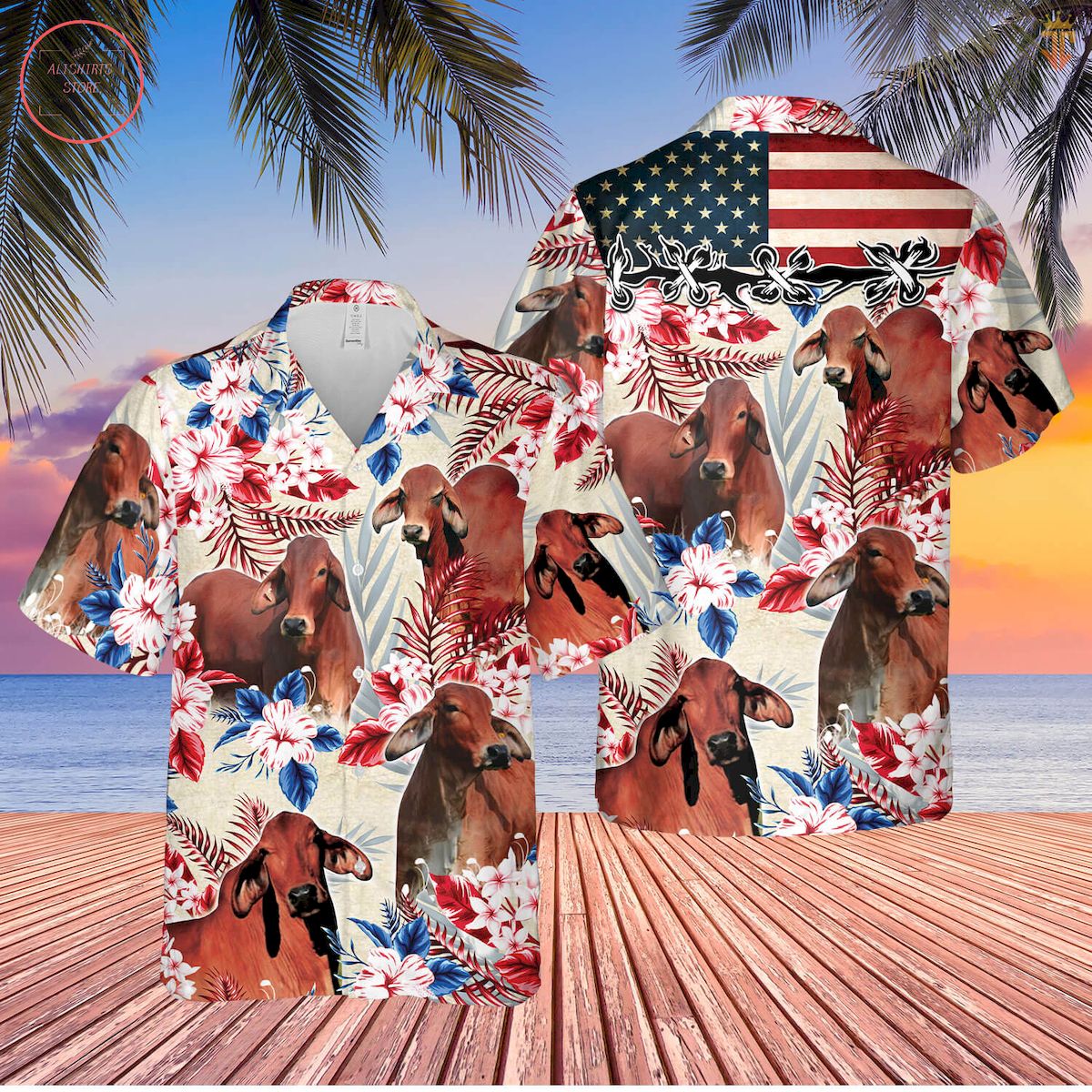 Red Brahman Cattle American Flag Hawaiian Shirt