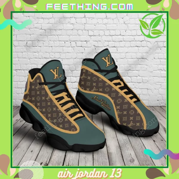 Louis Vuitton Emerald Green Interspersed  Brown Golden Logo Air Jordan 13 Shoes Fashion Luxury Sneakers Trending