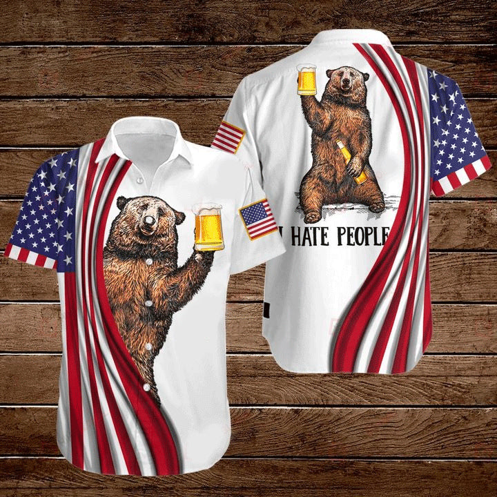 Bear And Beer American Flag 4Th Of July Independence Day I Hate People Hawaiian Shirt