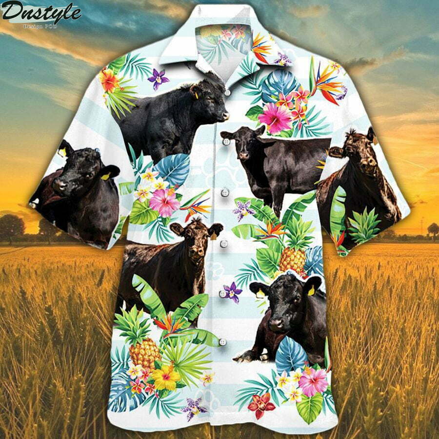 Black Angus Cattle Lovers Tropical Flower Hawaiian Shirt