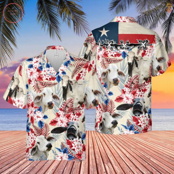 Brahman Cattle Texas Flag Hawaiian Shirt