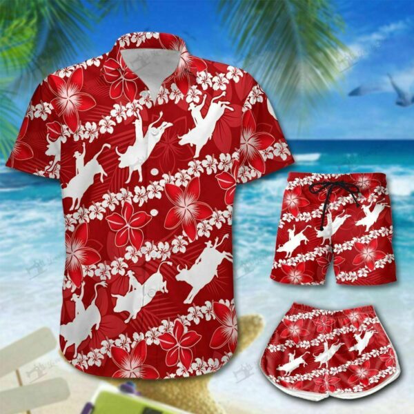 Bull Riding Red Flower Men Hawaiian Shirt