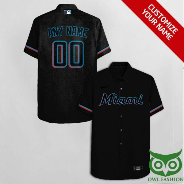 Customized Miami Marlins Black With Blue Red Team Name Hawaiian Shirt