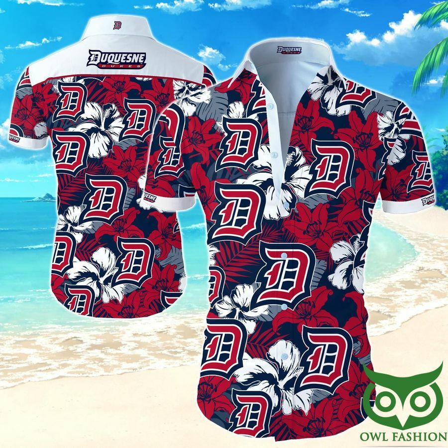 Duquesne Dukes Dark Blue And Red Flowers Hawaiian Shirt