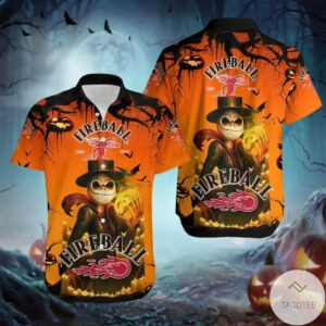 Fireball Whiskey Skeleton Halloween Hawaiian Shirt