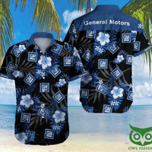 General Motors Floral Blue And Black Hawaiian Shirt