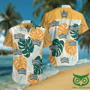 Gold Coast Titans Orange And Green Leaves Beige Hawaiian Shirt