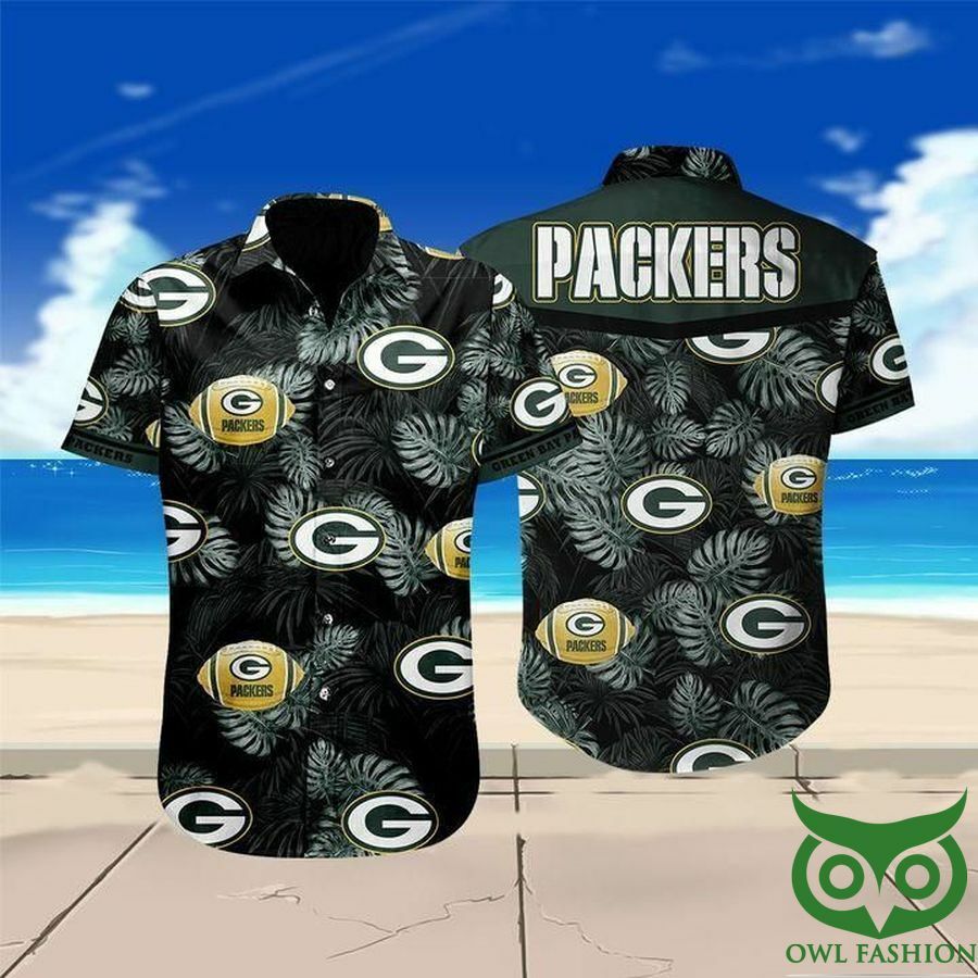 Green Bay Packers Black And White Leaves Hawaiian Shirt