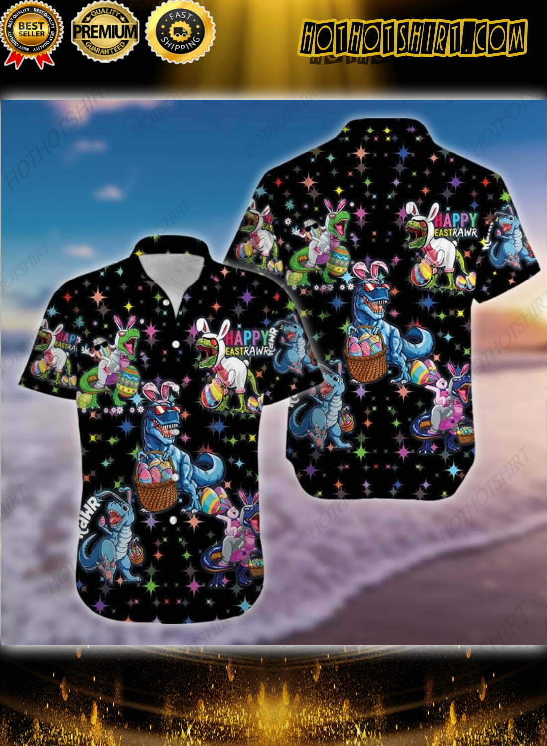 Happy Easter Raws Trex Dinosaur Black Hawaiian Shirt