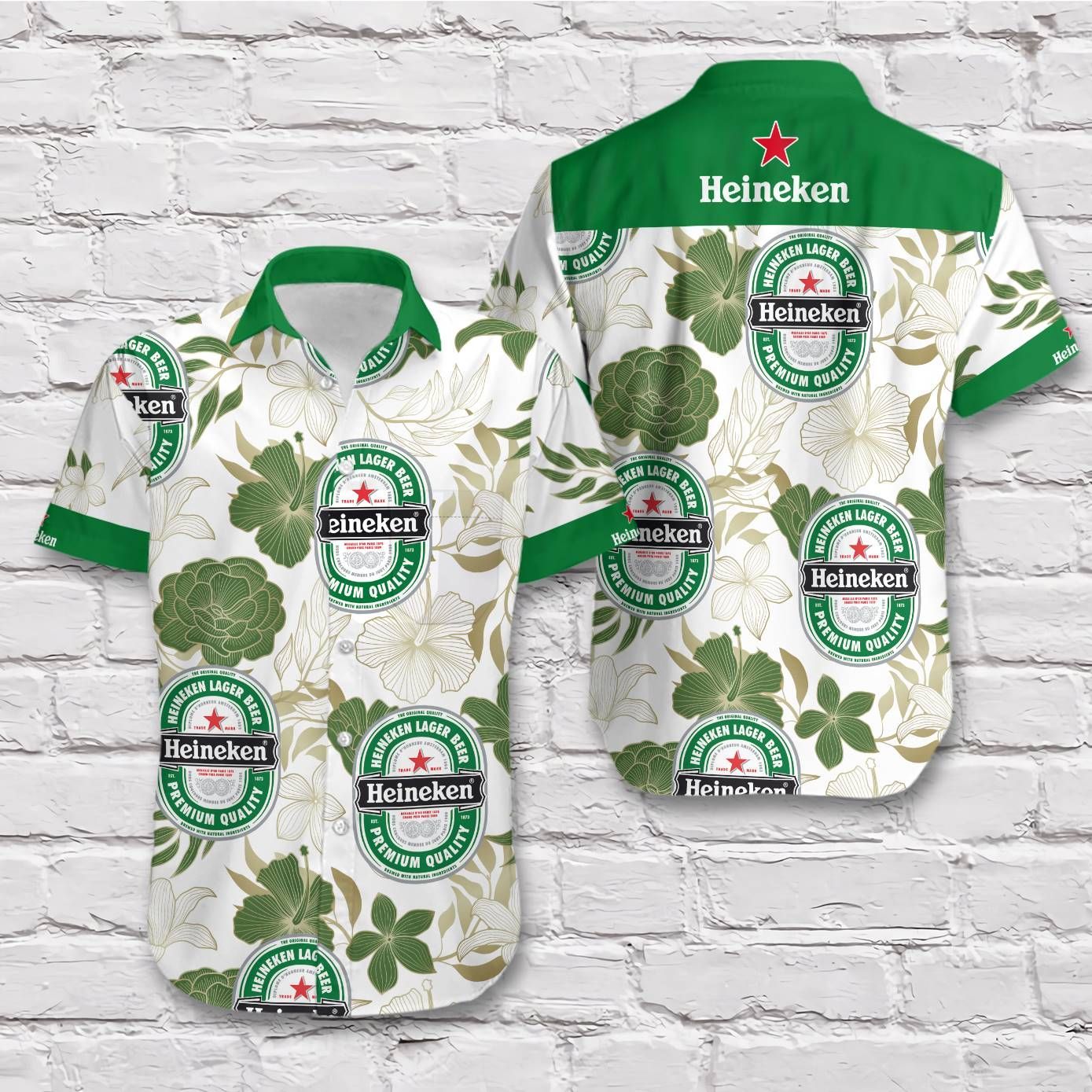 Heineken Brewed Beer Green Tropical Pattern Flower Hawaiian Shirt