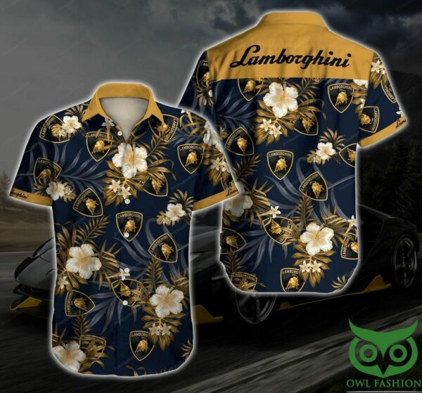 Lamborghini Golden Floral Dark Blue Hawaiian Shirt