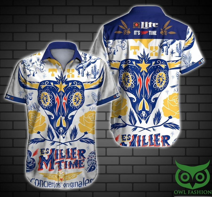 Miller Lite Beer Blue And Yellow And White Hawaiian Shirt