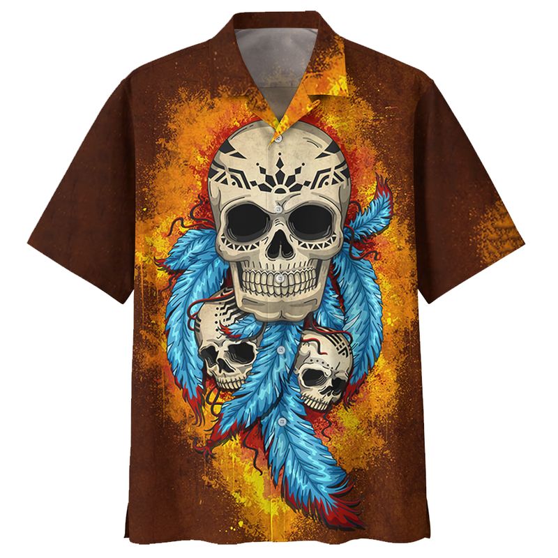 Native Skull Blue Feather Brown Hawaiian Shirt