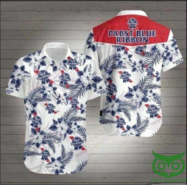 Pabst Blue Ribbon Beer Indigo Flowers White Hawaiian Shirt