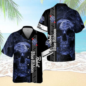 Pabst Blue Ribbon Smoky Blue Skull Hawaiian Shirt