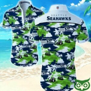 Seattle Seahawks Coconut Tree Green And Dark Blue Hawaiian Shirt