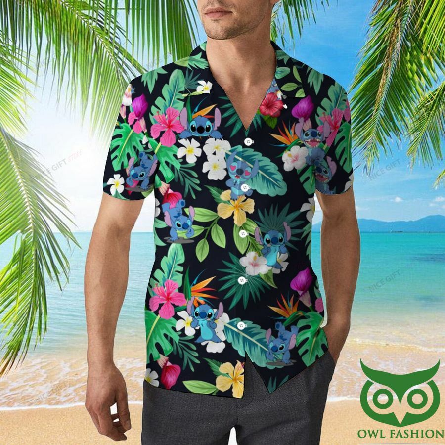 Stitch Black With Colorful Flower Hawaiian Shirt