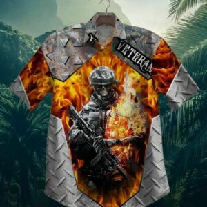 Us Army Skull Veteran In Fire Hawaiian Shirt