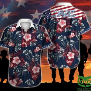 Us Veteran With Flag Red And Dark Blue Flowers Hawaiian Shirt