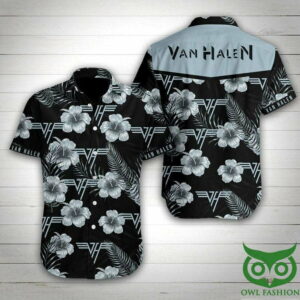 Van Halen Band Blue Gray Floral Black Hawaiian Shirt