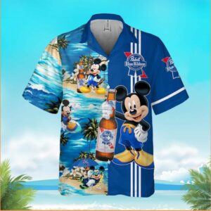 Disney Mickey Mouse Pabst Blue Ribbon Beer Hawaiian Shirt LC