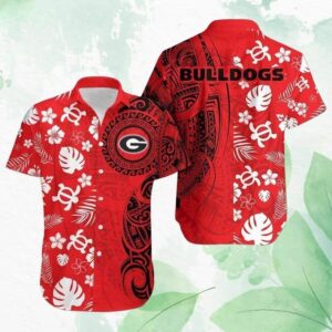 Georgia Bulldogs Uga Tropical Flowers Leaves Tribal Pattern Hawaiian Shirt WJ