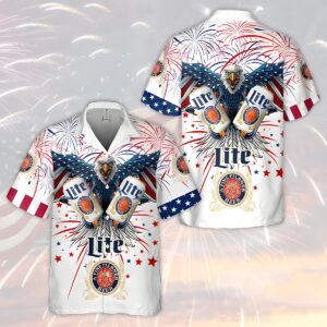 Miller Lite Fireworks Eagle Independence Day Beer Hawaiian Shirt YM