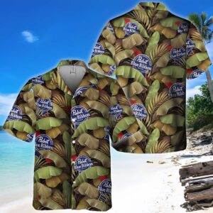 Pabst Blue Ribbon Banana Leaves Pattern Hawaiian Shirt EX